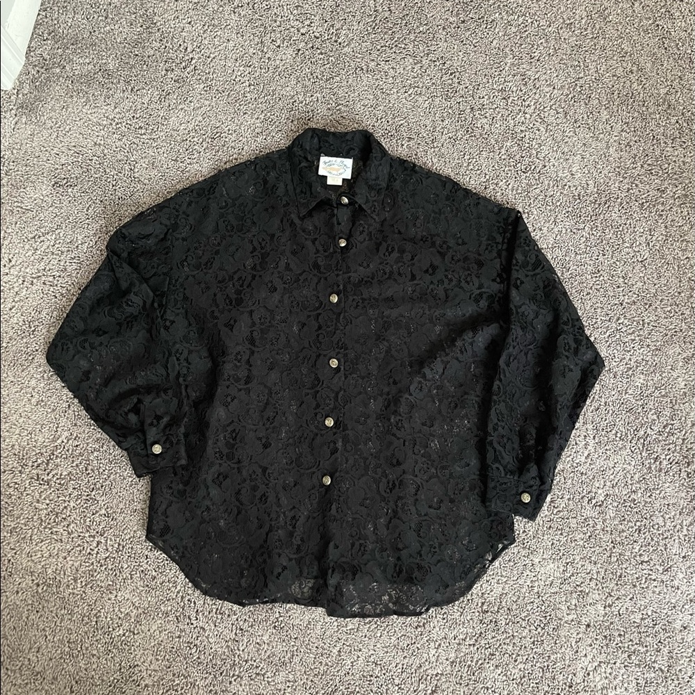 Vintage Fritz and Floyd• Black Lace Sheer Button Down Shirt/ Blouse - Picture 7 of 11